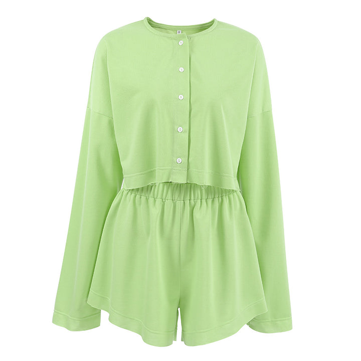 Dame afslappet Crop-Top og shorts sæt med knapdetaljer og lange ærmer Stilla