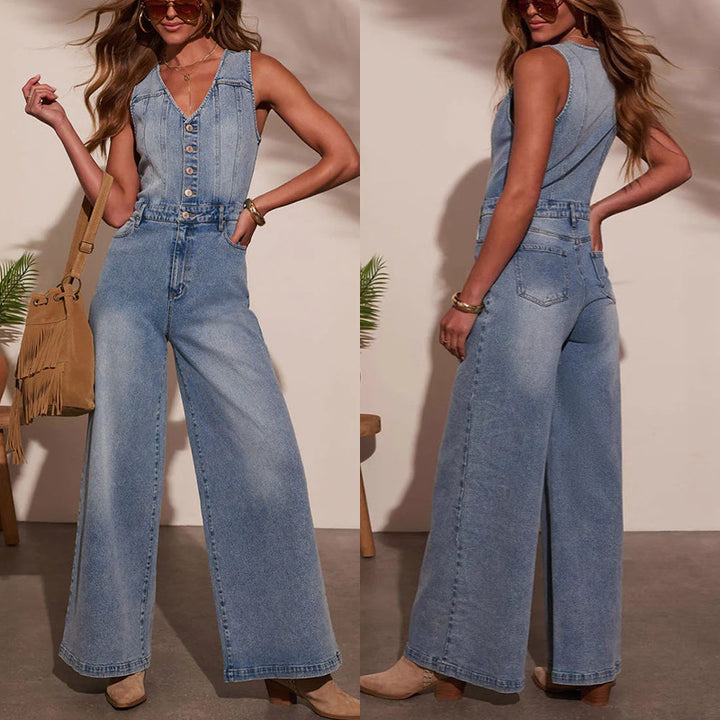 Dame Bredskåret Denim-Overalls med knapdetaljer og justerbar talje Stilla