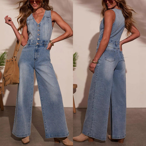 Dame Bredskåret Denim-Overalls med knapdetaljer og justerbar talje Stilla
