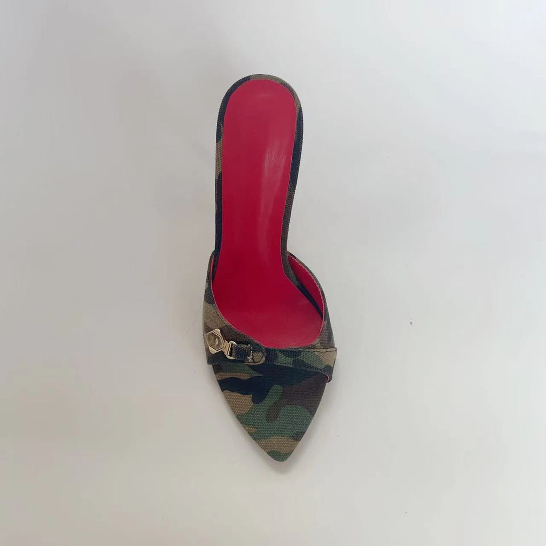 Femme Spids Tå Camouflage Hæle med dekorativt Accent Stilla