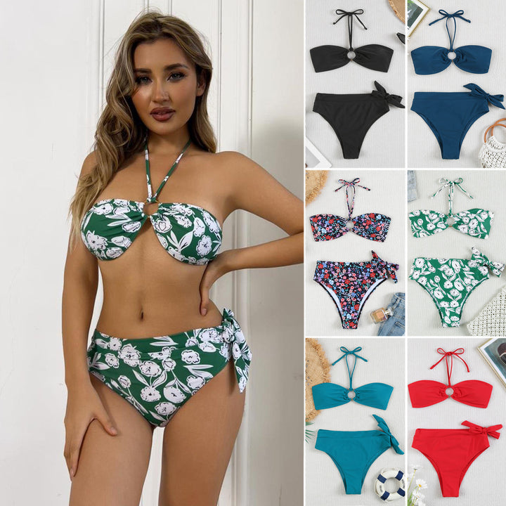 Dame bandeau-bikini-sæt med legesyg blomsterdesign og høj talje Stilla
