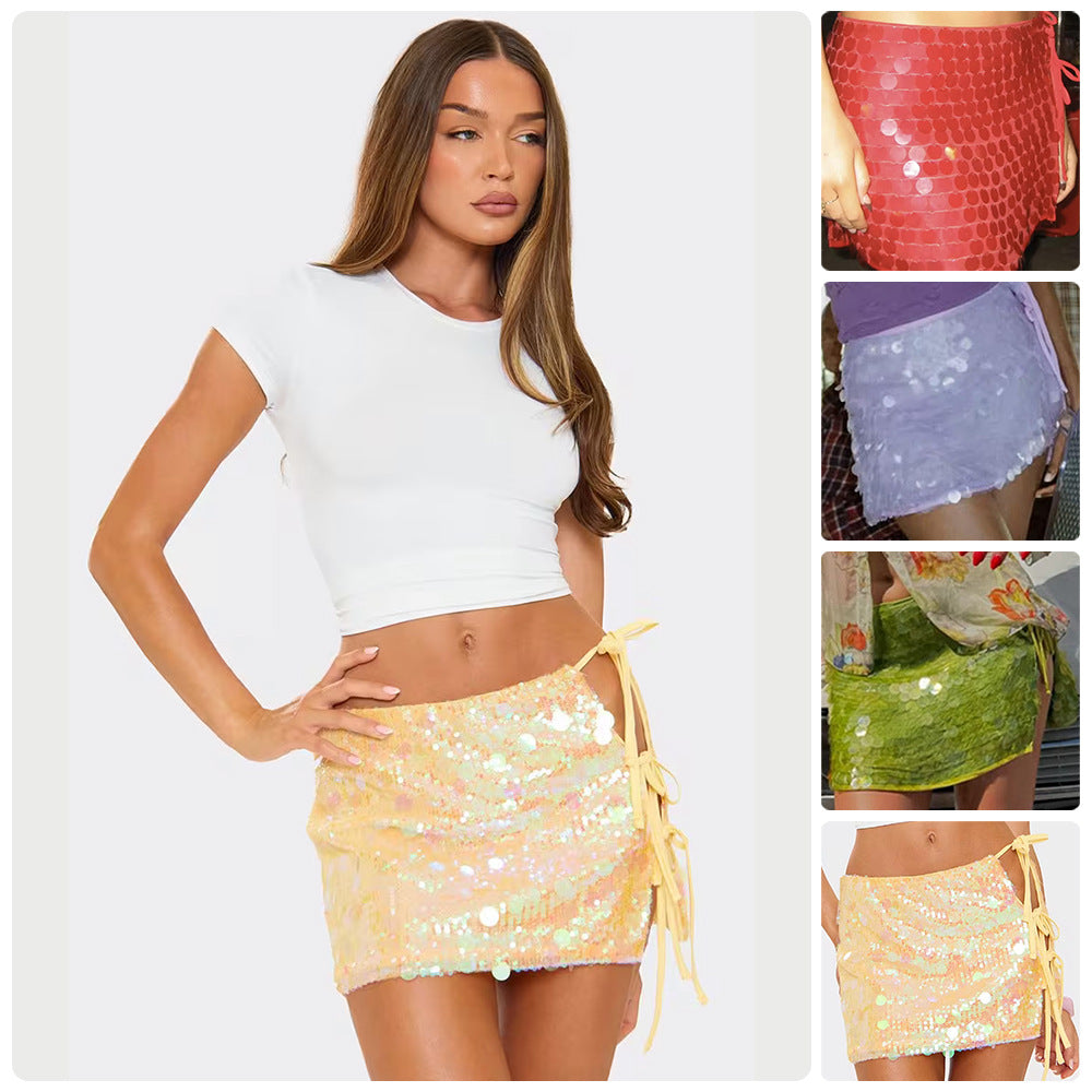 Dame Glitter Mini Nederdel med Paillet Trim og Sideslids Skovae