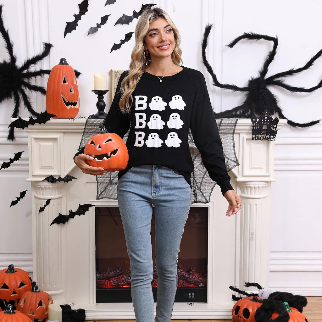 Kvindernes Strikkede Halloween Sweater med Geist Motiv og Løs Fit Stilla