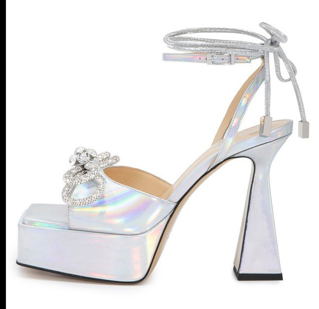 Femme Platform Chunky High Heels Sandaler med dekorativt rhinestones-akkord Stilla