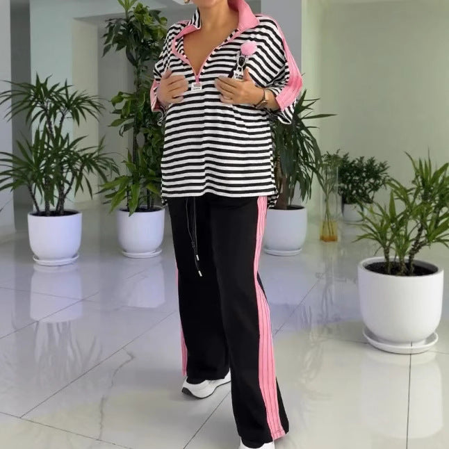 Dame nan lækkert to-delt Polo-Lounge-sæt med oversize-striber, pompom-applikation og kontrasterende sidebaner Skovae