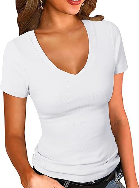 Dame V-hals T-shirt med struktureret overflade Stilla