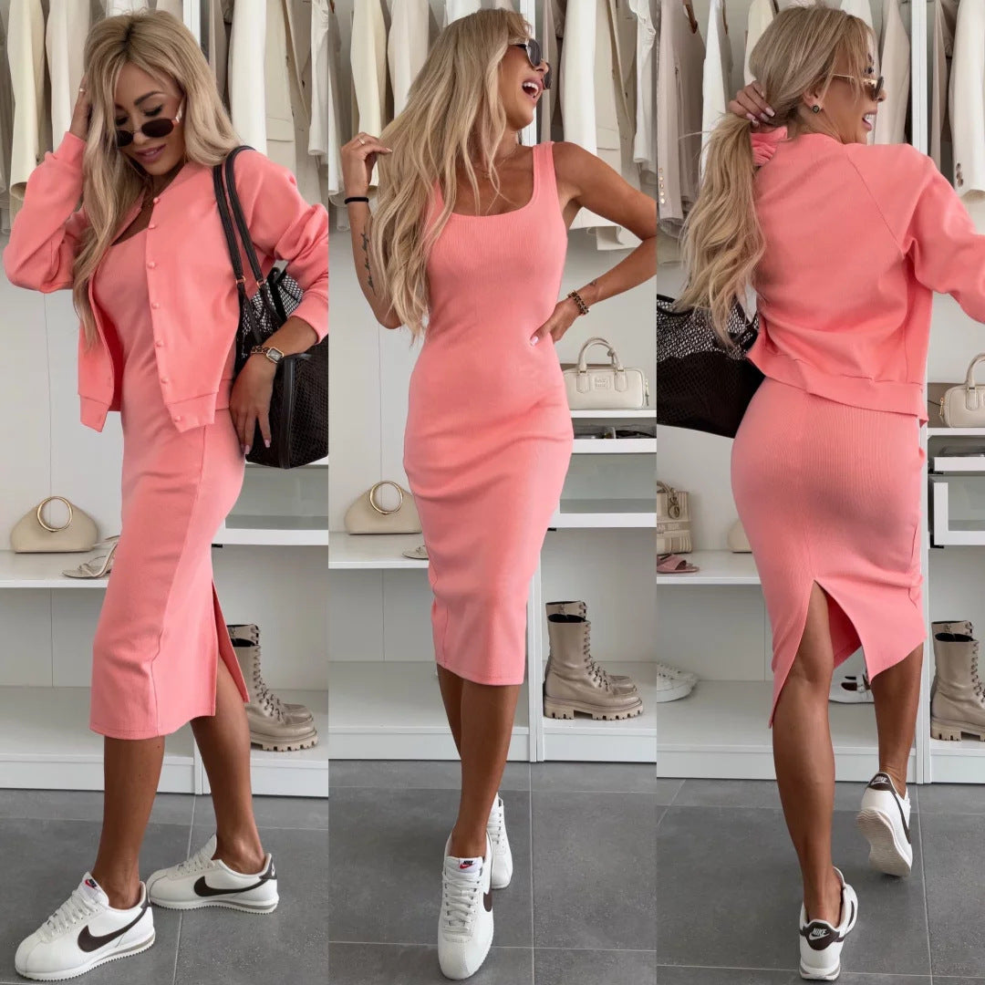 Kvinders sporty kjole med matchende cardigan og elastisk talje snor