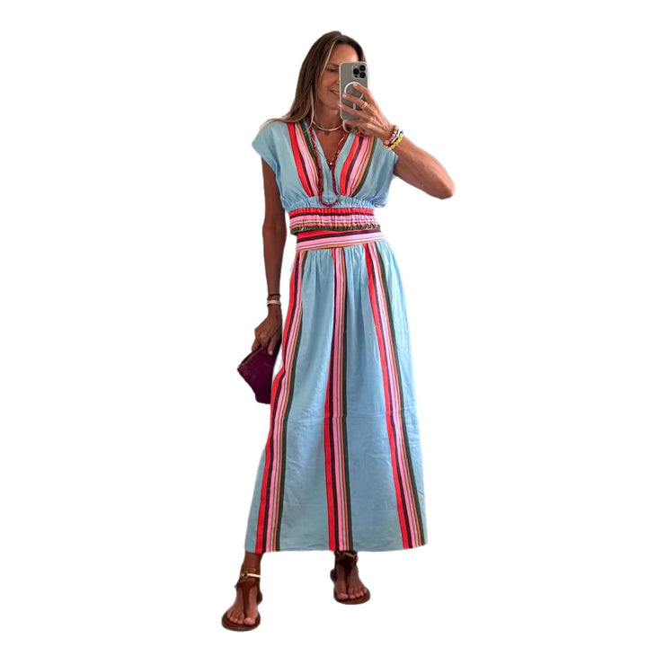 Ladies Beach Maxi Dress with Elastic Waistband and Colorful Striped Pattern Skovae