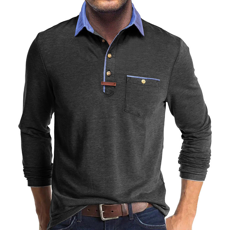 Herrer Langærmet-Henley-Shirt med stilfuld kontrastkrave og elegant brystlomme Stilla