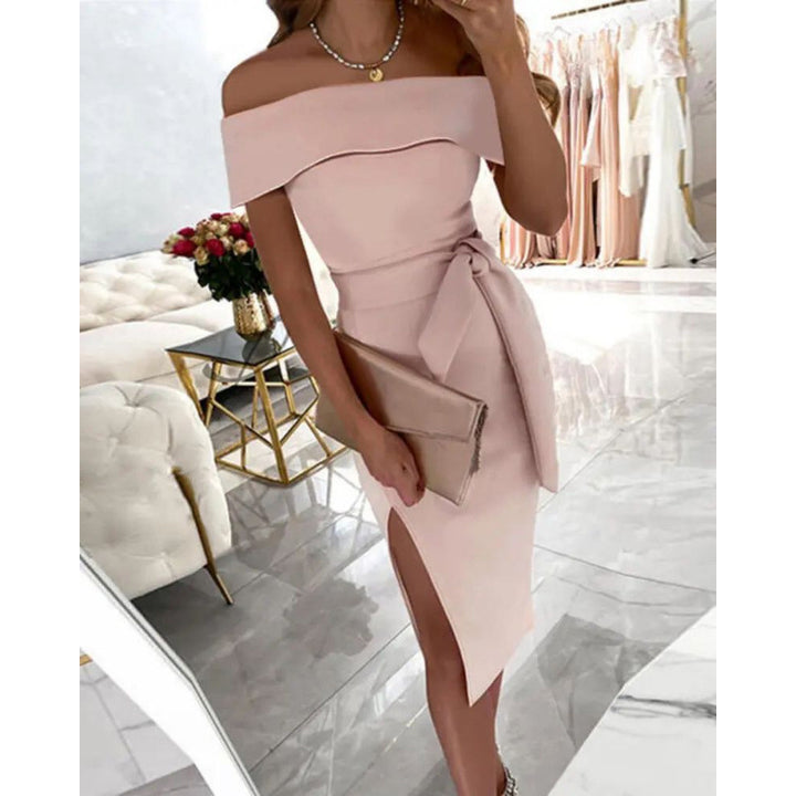 Dame Elegant Off-Shoulder Midi Kjole med Bindebælte Stilla