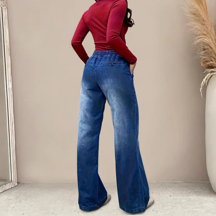Dame wide-cut jeans med elastisk talje og trendy slidt udseende