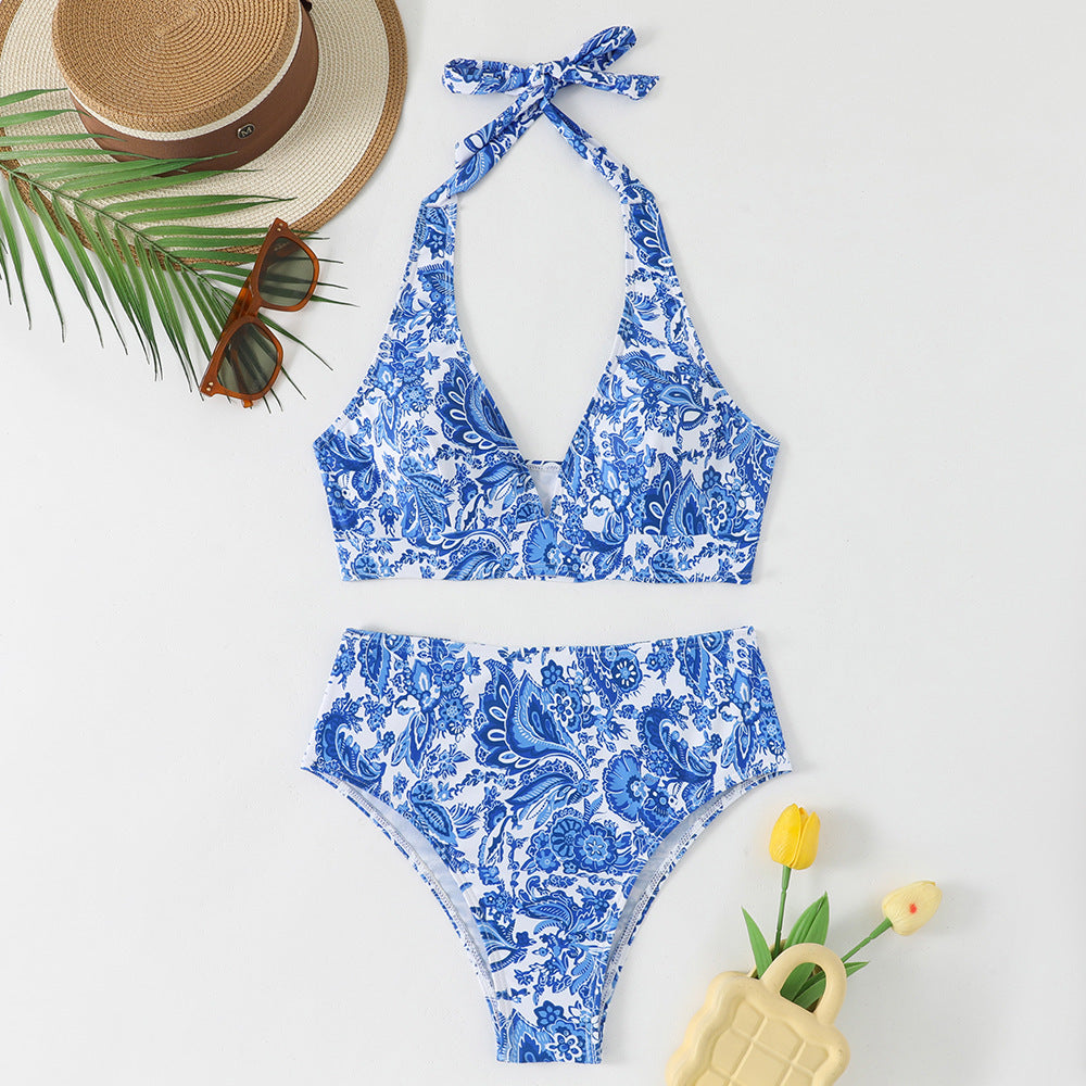 Dame Høj talje Bikini-sæt med blomsterdesign og legende halter top Skovae