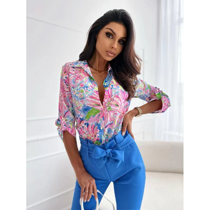 Dame elegant bluse med kunstnerisk mønster og løs pasform Stilla
