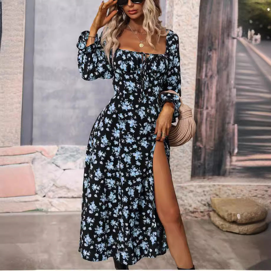 Dame maxikjole med dyb slids og floral design Stilla