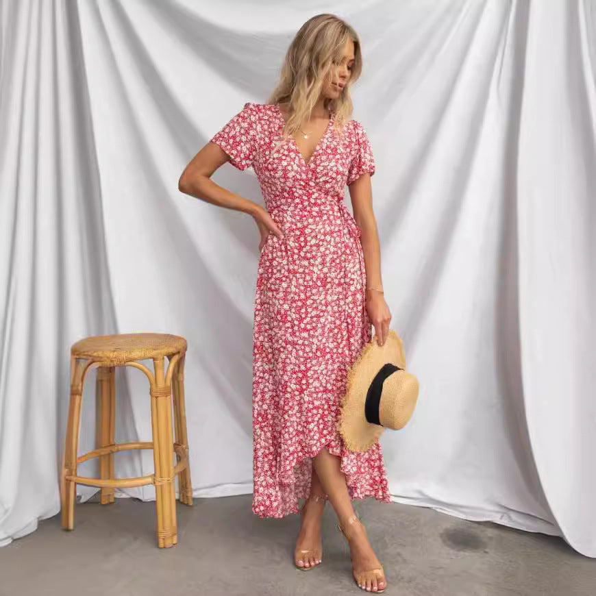 Dame Floral Vige-Midi-Kjole med bundet Taljedetalje Stilla