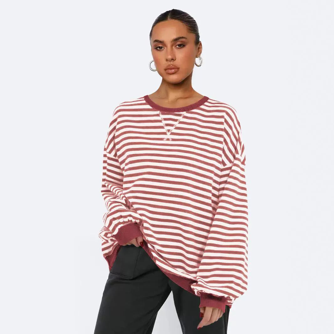 Dame Oversized Sweatshirt med stribet design og komfortable pufærmer Stilla