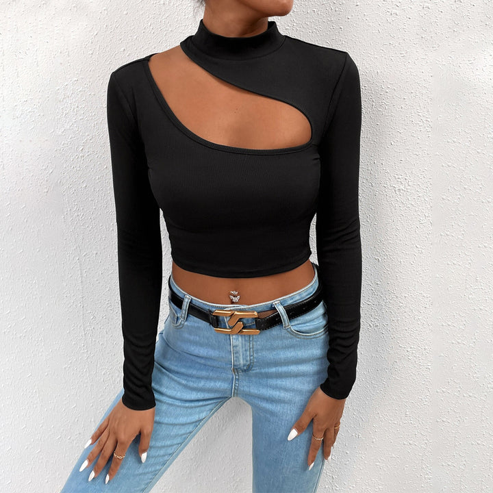 Kvinders langærmet crop top med asymmetrisk halsudskæring og elegant ståkrave Stilla
