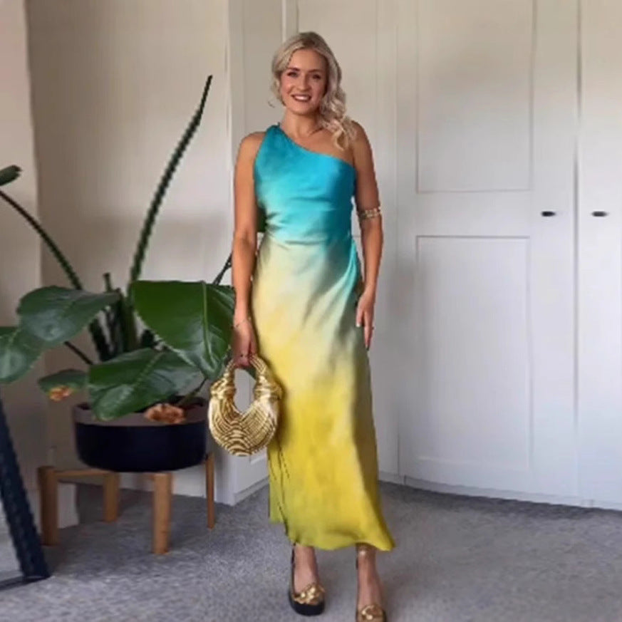 Damer Elegant Asymmetrisk Maxi Kjole med Blid Gradient og Behagelig Brug Komfort Skovae
