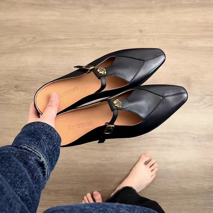 Dame Elegant Quadrat Tå Læder Mary Jane Flats med Dekorativ Spænde Stilla