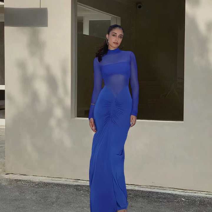 Dame elegant maxikjole med gennemsigtige ærmer og præcis drapering Skovae