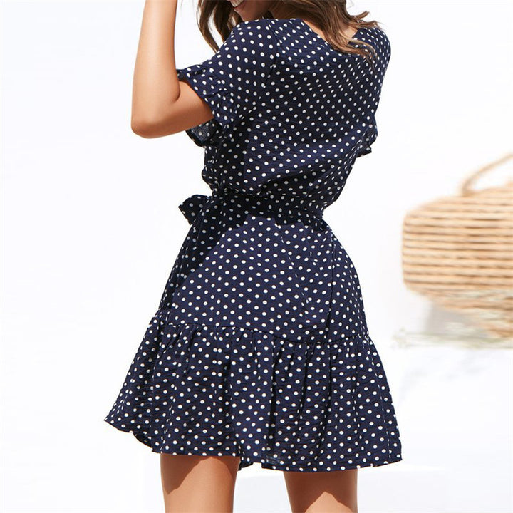 Dame Casual Polka Dots Wrap Kjole med Rufflesøm Stilla
