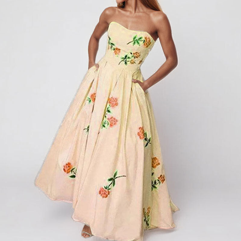 Damer Elegant Strapless Maxi Kjole med Blomsterdesign og Sidelommer Stilla
