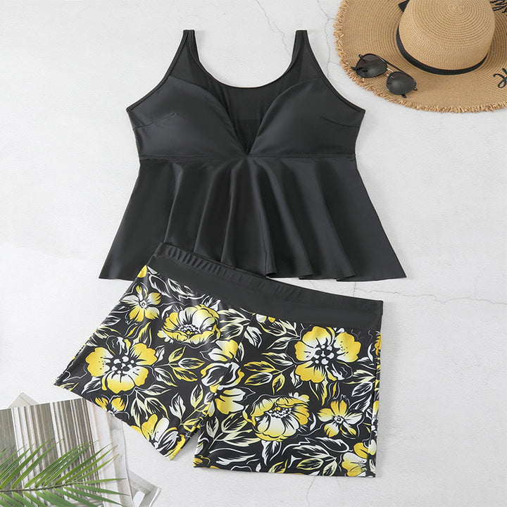 Dame Tankini-sæt med blomster rynketop og sporty bukser Skovae
