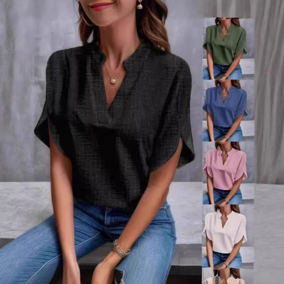 Dame elegant kortærmet bluse med moderne ståkrave og casual sideslidser Stilla