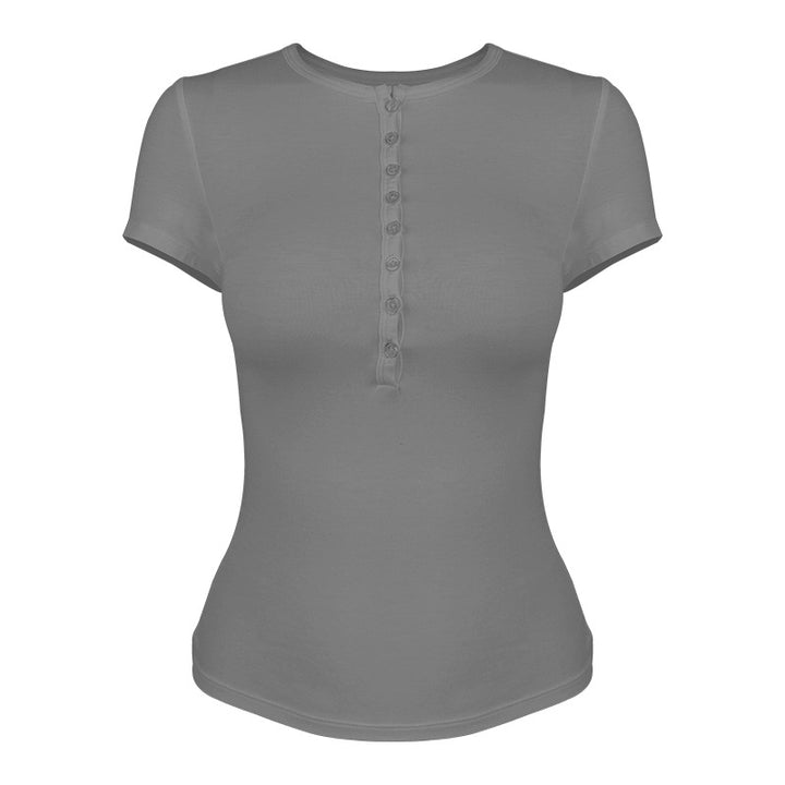 Dame kortærmet funktionsshirt med raffineret knapstolpe og elastisk snit Stilla
