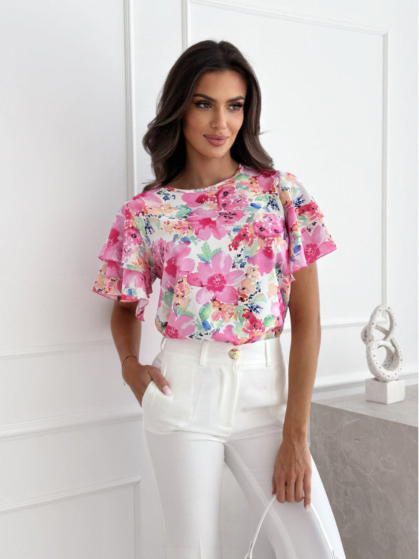 Damer kortærmet bluse med rynkedetaljer og blomsterdesign Stilla