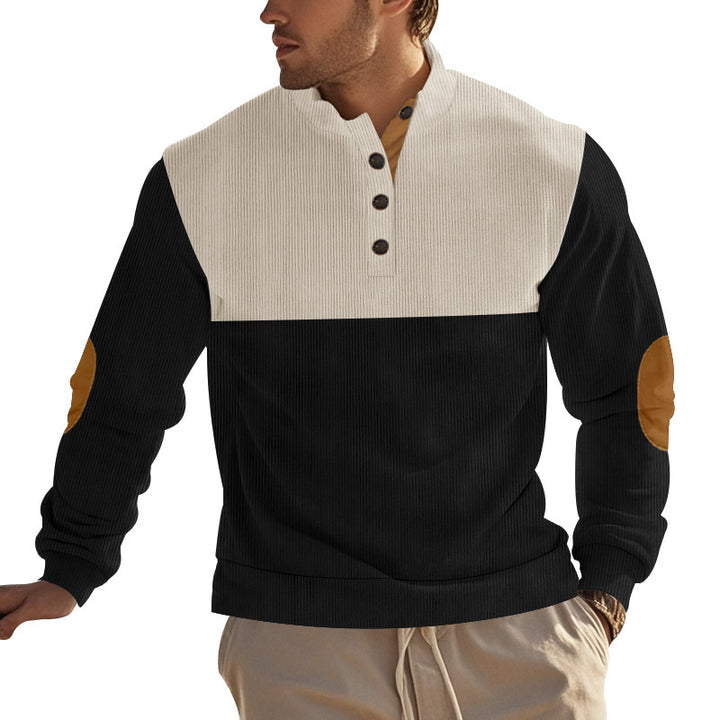 Herrer nan ribstrikket sweater med ståkrave knapliste og læderalbue-patches Skovae
