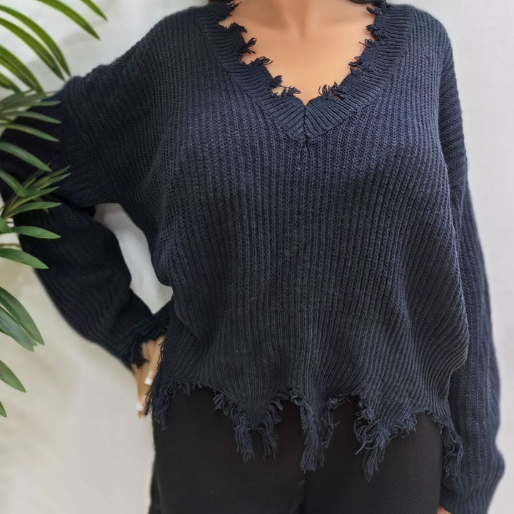Dame afslappet V-udskæring sweater med frynset detalje Stilla