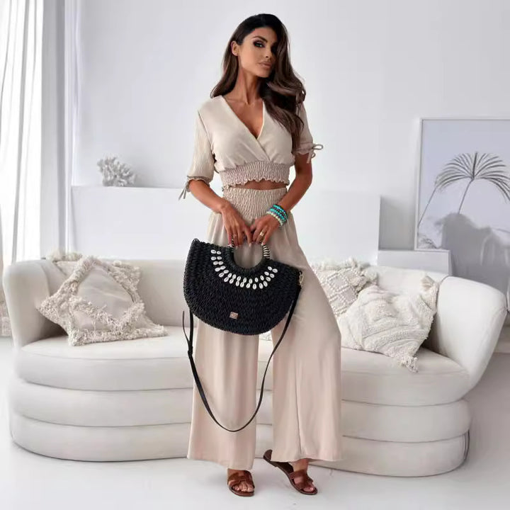 Dame Crop Smocked Top med brede Bukser Stilla