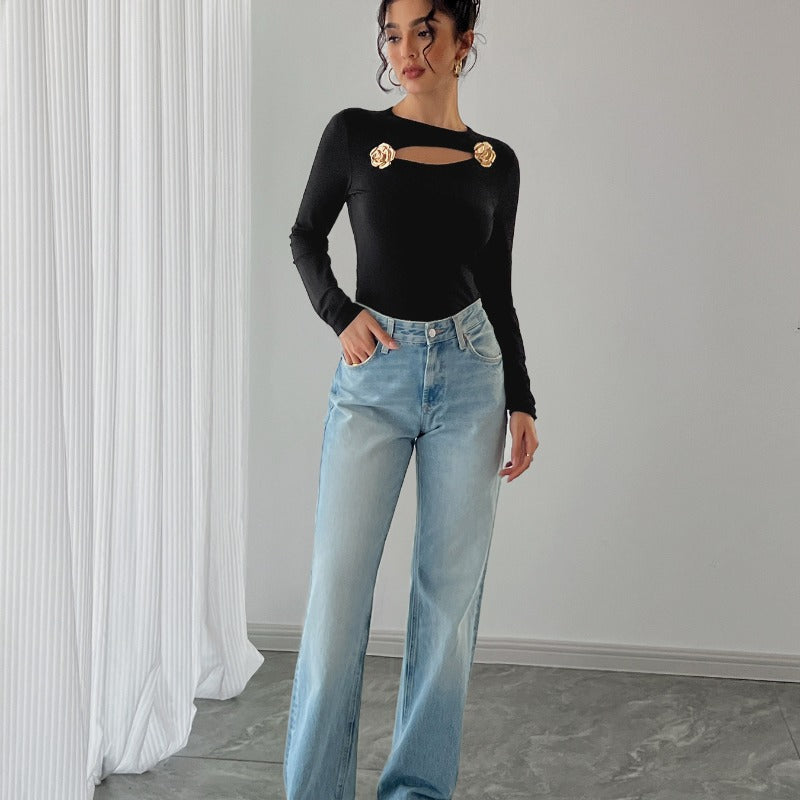 Dame Elegant Langærmet Bodysuit med dekorative Blomsteraccenter Skovae
