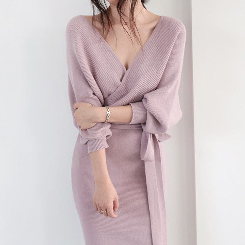 Femme V-hals-strik-midi-kjole Stilla