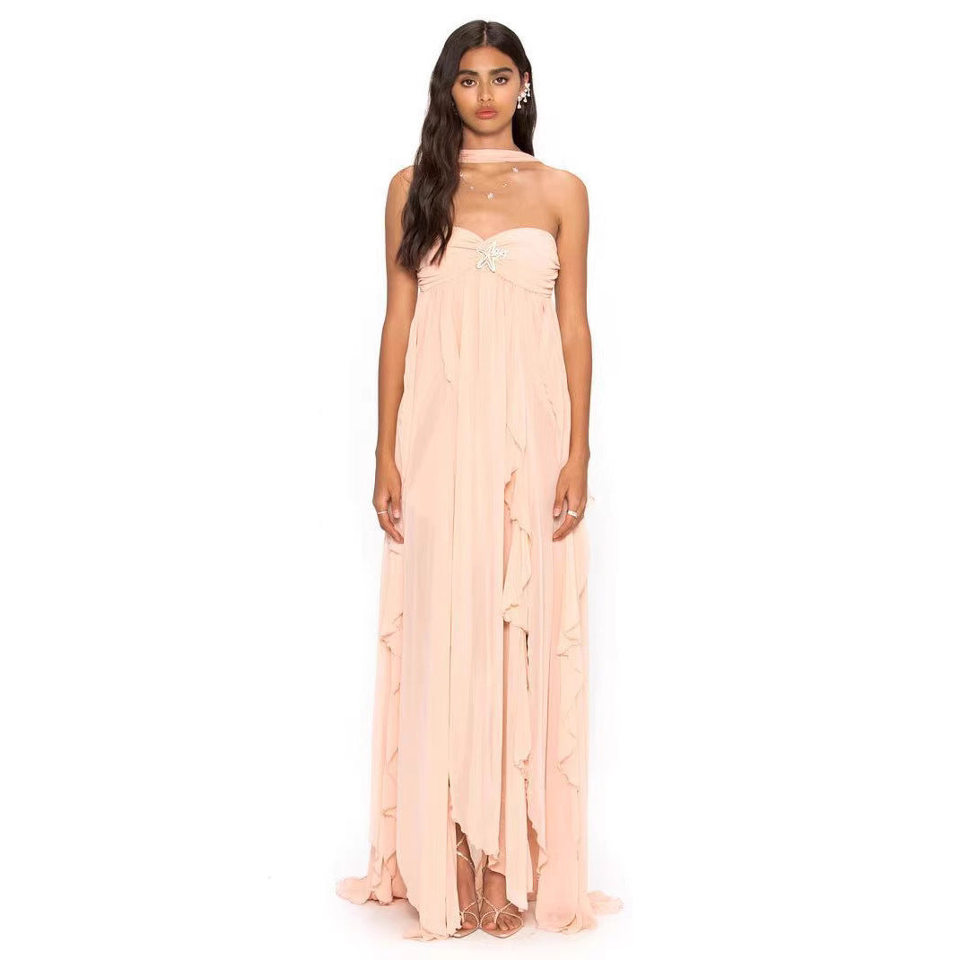 Dame Elegant Maxi Kjole med asymmetrisk søm og fine flæsedetaljer Skovae