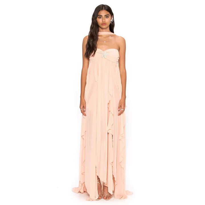 Dame Elegant Maxi Kjole med asymmetrisk søm og fine flæsedetaljer Skovae