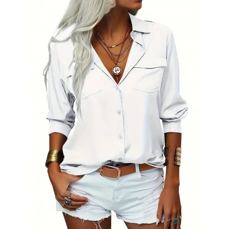 Dame elegant Button-Up Bluse med brystlommer og rullekrave Stilla