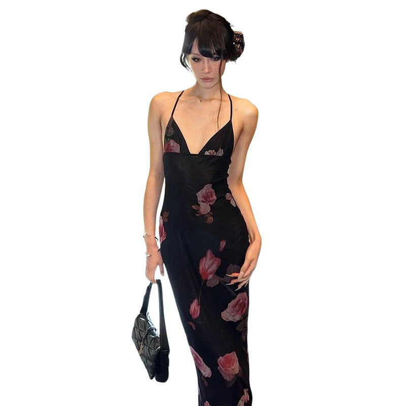 Dame Maxi Strandkjole med floral mesh-design og dyb V-udskæring Skovae