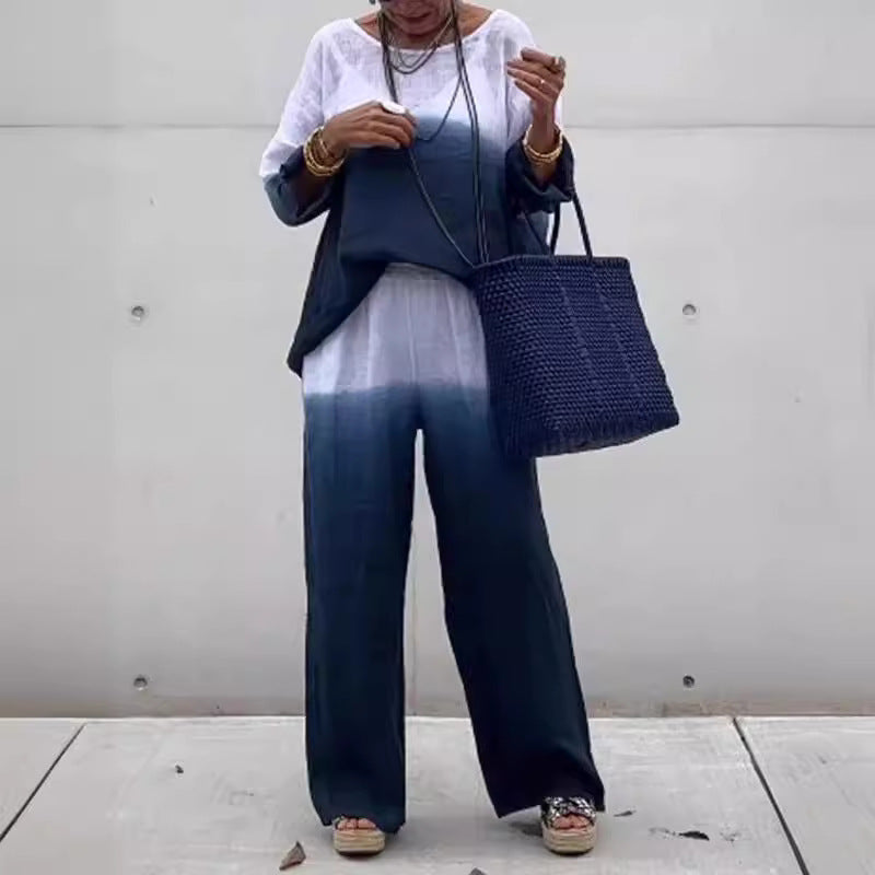 Dame linned loungewear-sæt med elegant ombre-effekt og brede bukser Stilla