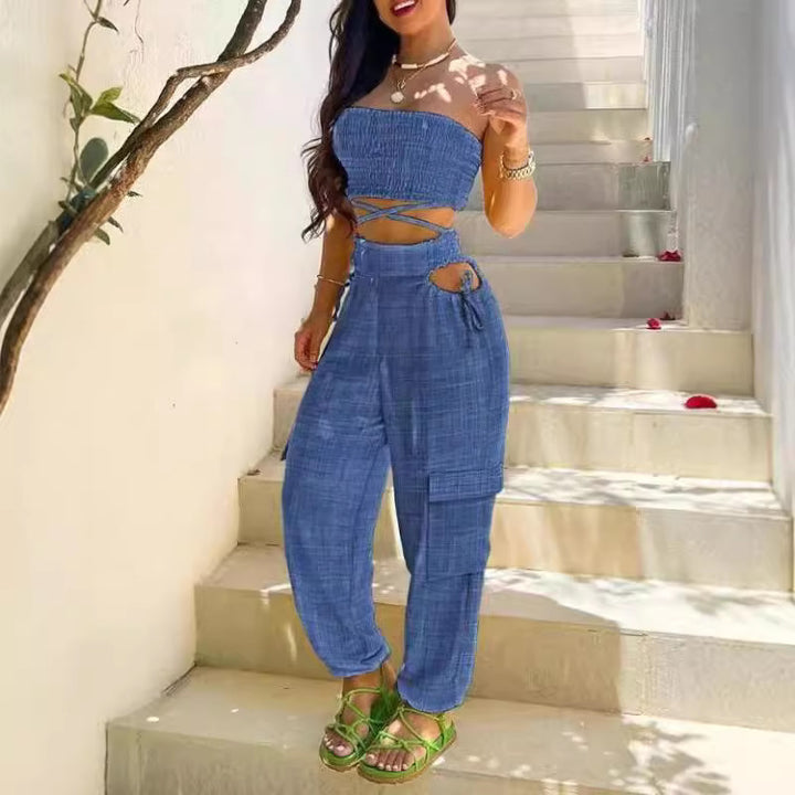 Dame afslappet sæt med crop top og high-waist cargo bukser Stilla