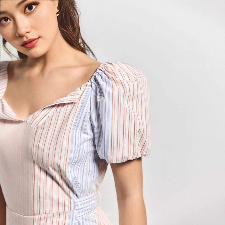 Dame Puffærme Stribet Knapbluse Stilla