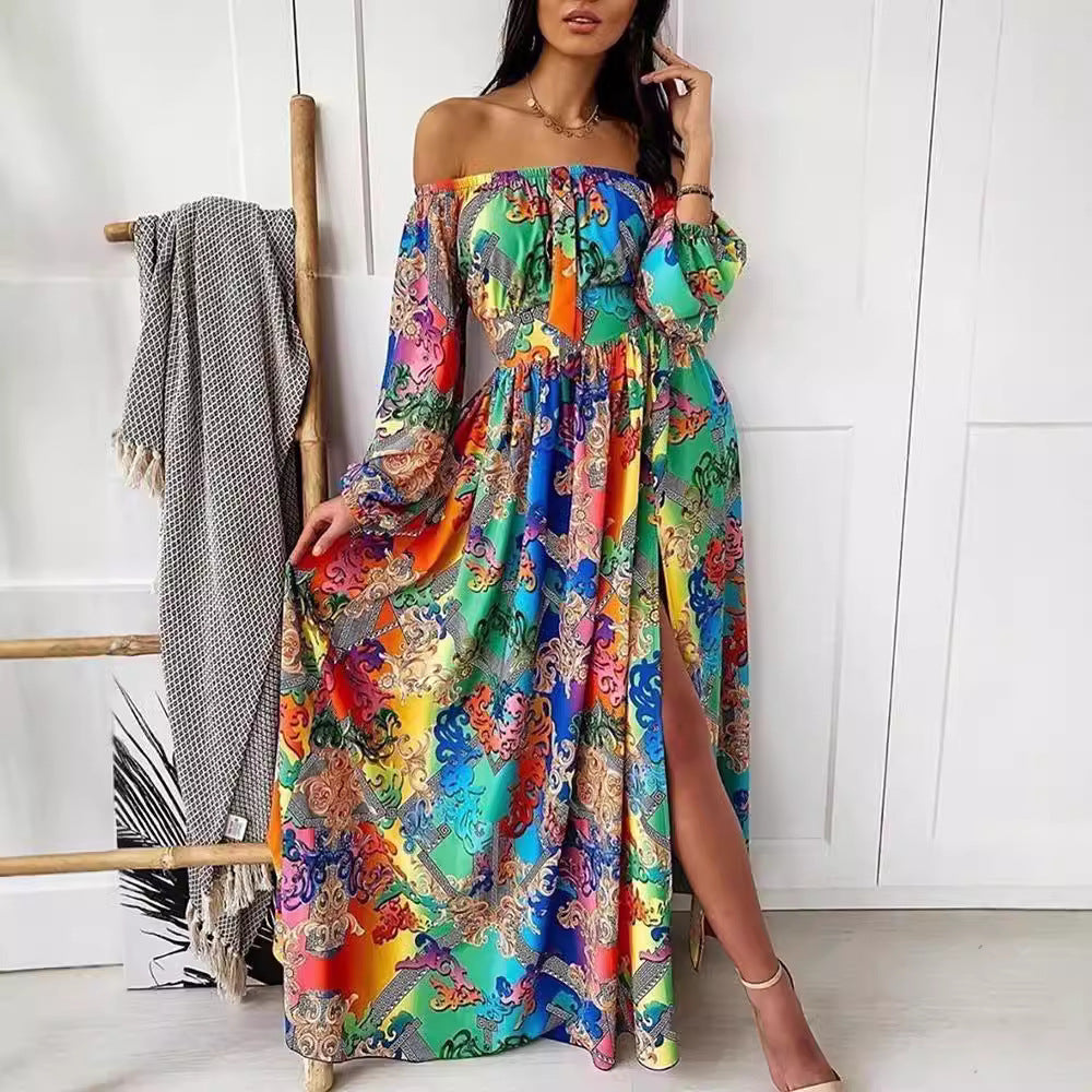 Dame maxikjole med off-shoulder-udskæring og elegant trykdesign Stilla