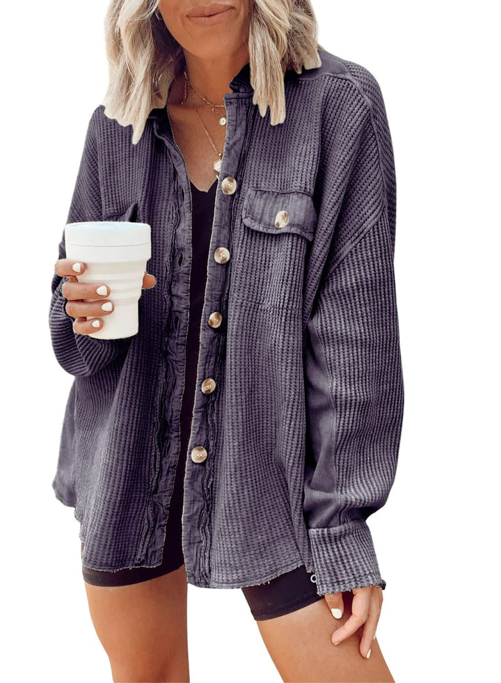 Dame Oversized Vaffel-Shirtjakke med knaplukning og praktiske lommer Stilla