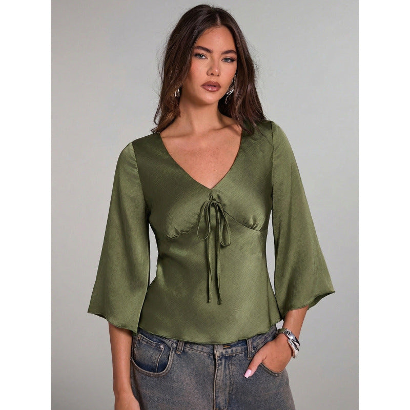 Dame Elegant top med slips og vide ærmer Skovae