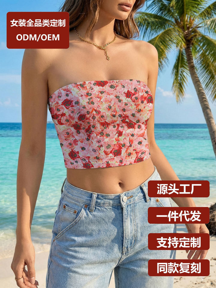Dame bandeau-top med trendy grafisk design og elastisk stof Skovae
