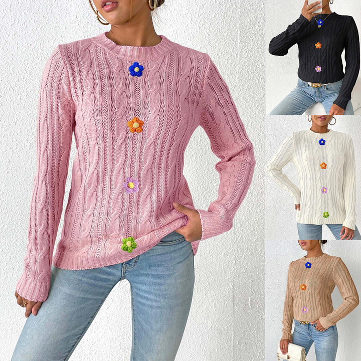 Dame striktrøje med florale applikationer og struktureret design Stilla