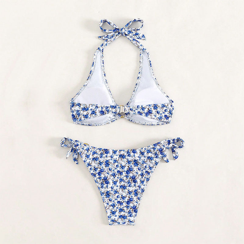 Dame Floral Print Halter Bikini Sæt Stilla
