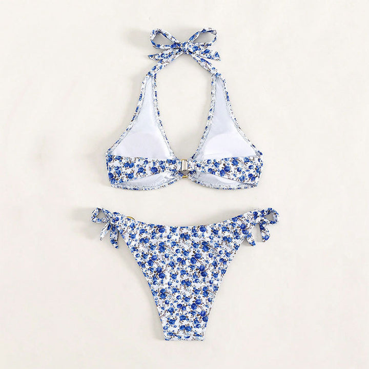 Dame Floral Print Halter Bikini Sæt Stilla