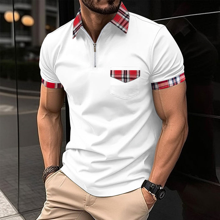 Herre Moderne Halv-Zip Polo T-Shirt med ternet Detalje Stilla